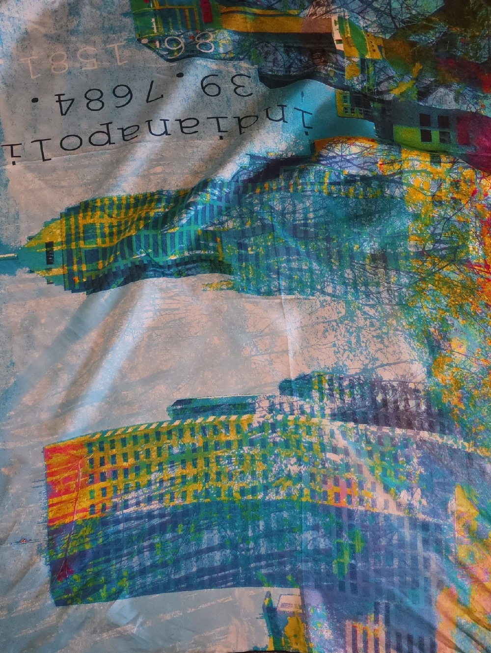 Colorful Cityscape Graphic Tee with Blue & Teal Print